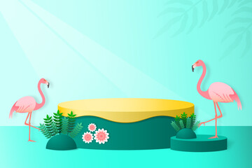 Product display podium scene with flamingo bird and green palm leaf geometric platform, Summer online sale marketing background with stand for advertising promotion, Fashion and show cosmetic studio.