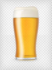 Realistic glass with lager beer and frothy foam