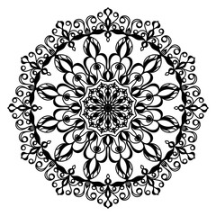 Mandala in black on a white background. Circular ethnic ornament. Pattern to be applied on fabric, leather, paper, glass. Template for tattoo, henna pattern. An element of psychological release.