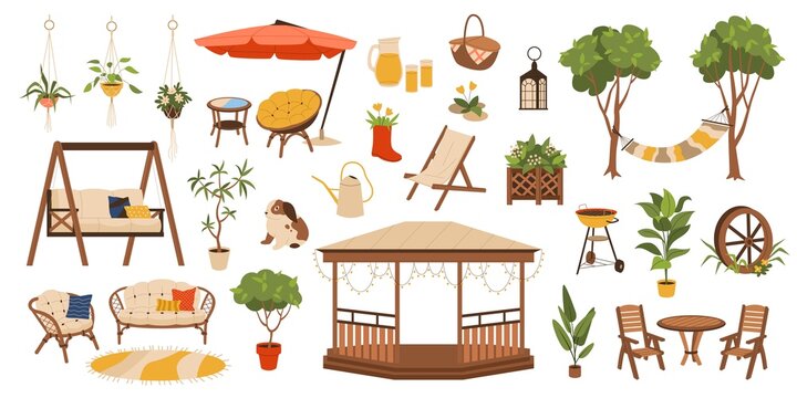 Garden furniture. Backyard cartoon flat elements, summer terrace and patio, outdoor lounge items, relax modern park objects, wooden table and chairs, hammock and gazebo, tidy vector set