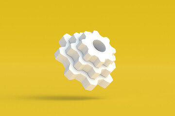 Flying gears on yellow background. Engineering technology. Mechanism development. Industrial progress. Idea concept. Business cooperation. Teamwork and communication. 3d render