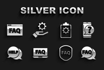 Set Laptop and FAQ, Mobile phone with question, Speech bubble, Shield text, Help, Checklist 24 hours service, Browser and Settings in the hand icon. Vector