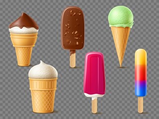 Ice cream. Realistic milk dessert, cold yogurt, summer frozen juice, sweet food, vanilla, mint and chocolate, waffle cones and sticks, fruity popsicle, isolated 3d elements, utter vector set