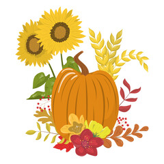 Autumn pumpkin arrangement. Orange pumpkin with dry colorful fall leaves and seasonal flowers, a sheaf of wheat. Isolated on white background. Thanksgiving day card template.
