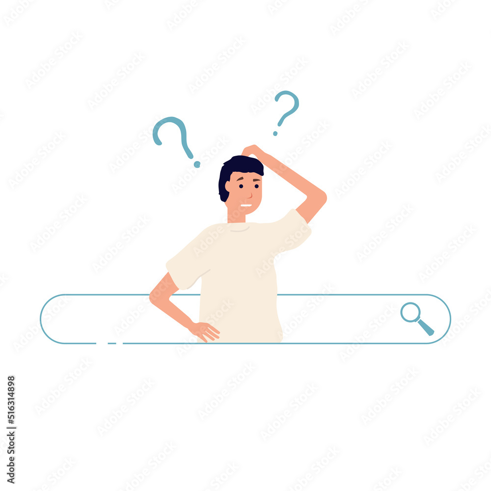 Poster search results banner. man thinking standing inside search bar. thinking and scratching head. proble