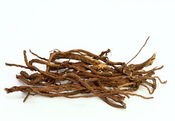 Organic dried roots of dandelion, Taraxacum officinale, traditional herbal medicine. Roots prepared...