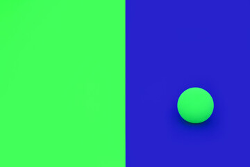 Stand out in a crowd background composition with vivid blue and green contrast colours with ball. Minimal, alone, different solitary, individuality concept. Flat lay, top view.