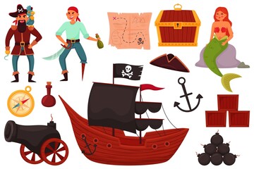 Pirate items. Funny marine team, cute captain hold sword, sailor and mermaid, ship with black sails, cartoon isolated elements, cannon and anchor, treasure chest recent vector childish set