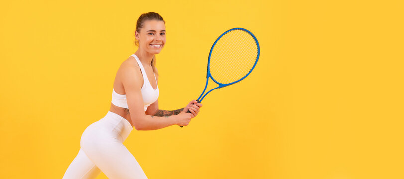 Woman isolated face portrait, banner with mock up copyspace. happy young girl in sportswear running with racket. sportswoman. energetic woman.