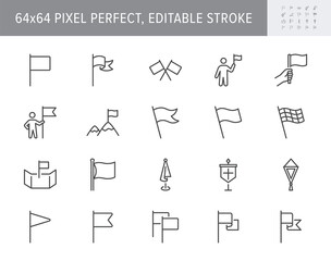 Flags line icons. Vector illustration include icon - pennant, waving banner, point on map, flagpole, navigation, challenge, pennon outline pictogram for location. 64x64 Pixel Perfect, Editable Stroke