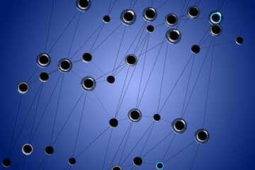 Electric cyber background. Online network concept. Abstract blue background. Network connection metaphor. Round cyber elements are connected by threads. Cyber background for AI website. 3d image.