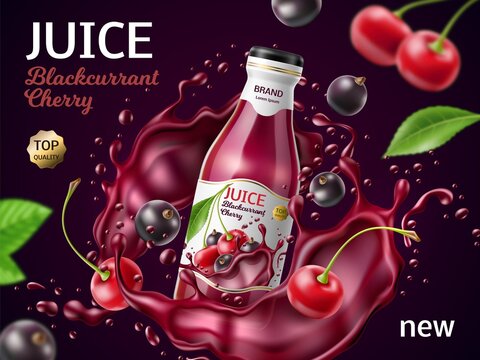 Realistic berries juice poster. Fresh cherry and blackcurrant fruit drink, flying glass bottle with liquid abstract splashes, advertising promotional banner, 3d elements, utter vector concept