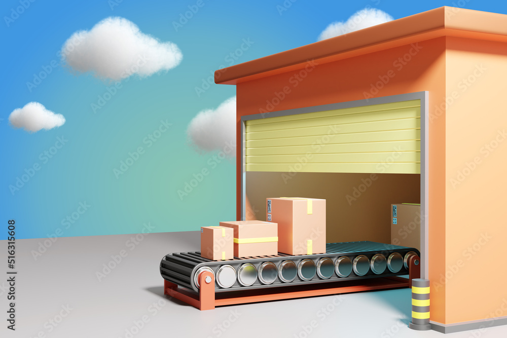 Poster technology fulfillment. warehouse hangar with conveyor. boxes in small building. several boxes with 