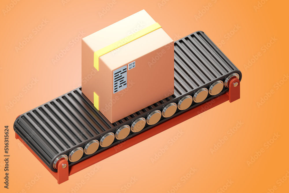 Poster box on conveyor. metaphor for processing courier order. cardboard parcel rides on conveyor. parcel f