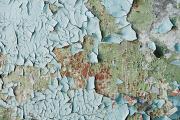 Old and dirty crumbling wall with peeling paint and cracks texture. Grunge interior background closeup