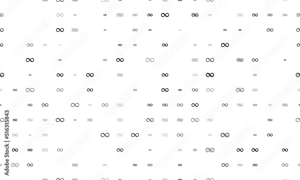 Poster seamless background pattern of evenly spaced black infinity symbols of different sizes and opacity. 