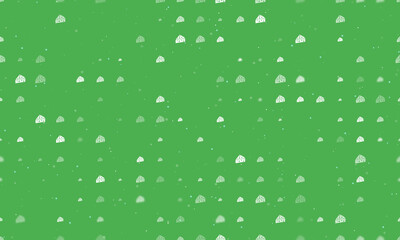 Seamless background pattern of evenly spaced white cheese symbols of different sizes and opacity. Vector illustration on green background with stars