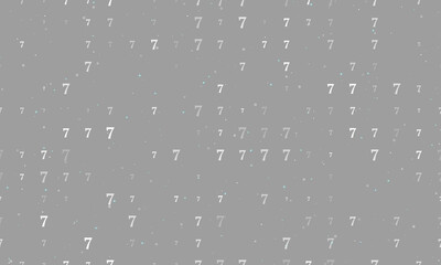 Seamless background pattern of evenly spaced white number seven symbols of different sizes and opacity. Vector illustration on gray background with stars