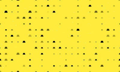 Seamless background pattern of evenly spaced black trapezoid symbols of different sizes and opacity. Vector illustration on yellow background with stars