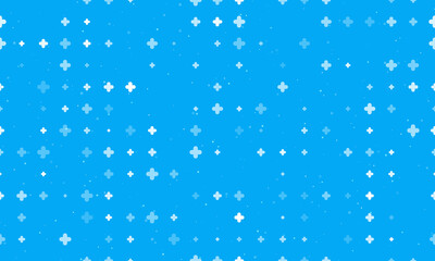 Seamless background pattern of evenly spaced white quatrefoil symbols of different sizes and opacity. Vector illustration on light blue background with stars