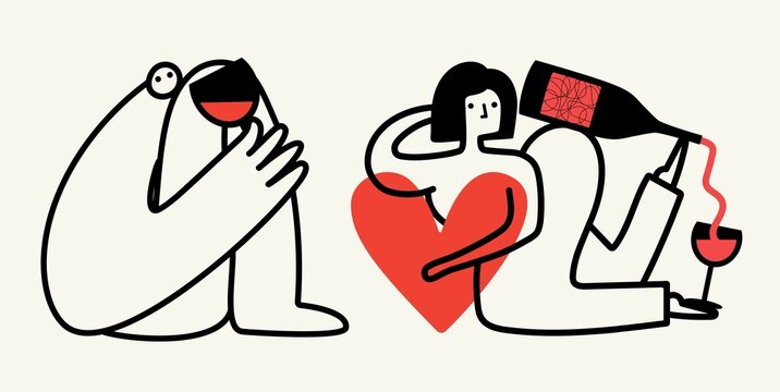 Vector illustration set with outline man and woman with wine and red heart. Trendy apparel print design, home decoration poster collection