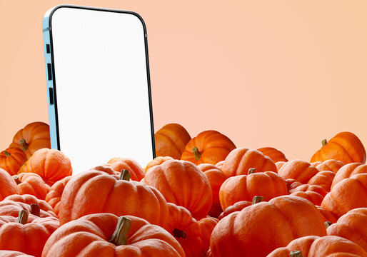 Halloween mockup. Big phone among pumpkins. Template for Halloween banner. Phone with blank screen. Space for headline about Halloween. All Hallows' Eve pumpkins mock up. 3d rendering.