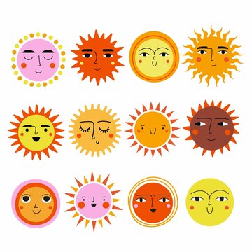 Vector illustration collection of colored sun with smiling faces. Sunny and good weather. Solar icons symbol set. Yellow, pink and red emoji set on white background. Funny sticker pack design