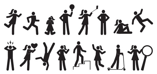 Stickman characters. Black silhouette people, man and woman, different poses, falling or running, climbing stairs, making selfies, riding scooter, holding magnifying glass, nowaday vector set