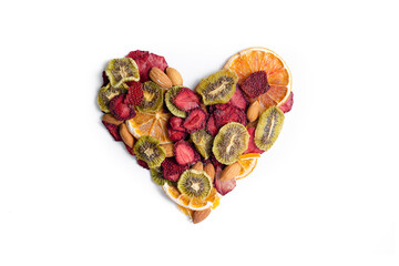 Natural Dried fruit slices snack in heart shape. Dried Strawberry, Kiwi, Oranges for baking....