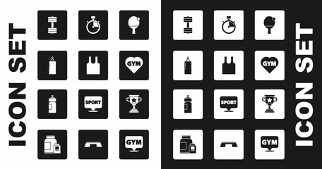 Set Racket and ball, Sleeveless T-shirt, Punching bag, Dumbbell, Fitness gym heart, Stopwatch, Award cup and shaker icon. Vector