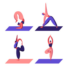 Fototapeta premium Female Characters Sport Activities Set. People Doing Sports, Yoga Exercise, Fitness, Workout in Different Poses, Stretching, Healthy Lifestyle, Leisure. Cartoon Flat Vector Illustration isolated
