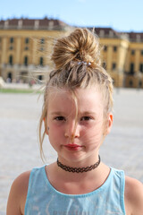 Little girl child playing in the park, walking in Vienna.