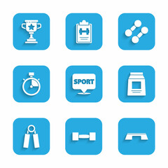 Set Location gym, Dumbbell, Step platform, Sports nutrition, expander, Stopwatch, and Award cup icon. Vector