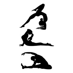 Obraz premium Female Characters Sport Activities silhouette Set. People Doing Sports, Yoga, Fitness, Workout in Different Poses, Stretching, Healthy Lifestyle, Leisure. Cartoon Flat Vector Illustration isolated