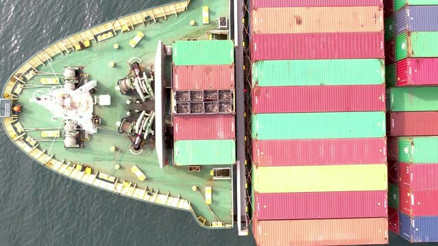 Large container ship at sea. Top down view. Cargo container ship vessel import export container sailing.
