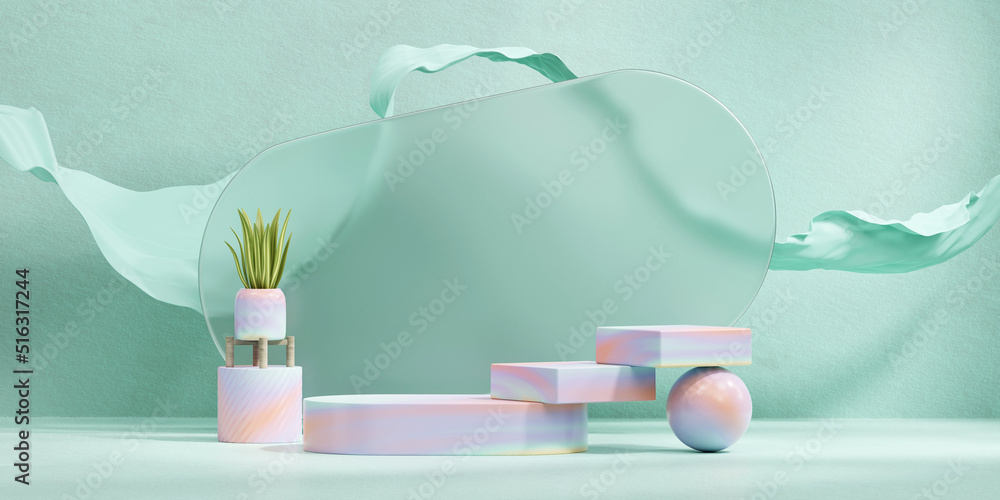 Poster 3d rendering colorful platform podium with plant product presentation background