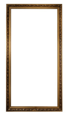 Empty vintage gold frame from a picture or a mirror on a white background.
