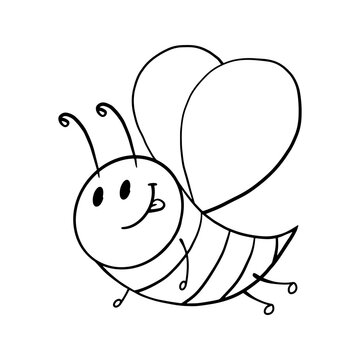 Monochrome picture, cute little bee character, bee smiles, vector illustration in cartoon style
