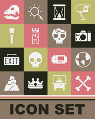 Set Crossed human bones, Earth globe, Photo camera, Old hourglass with sand, Castle tower, Paint brush, Dinosaur skull and Broken icon. Vector
