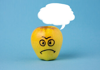 negative emotions from fear to panic, sad Face on an apple thought cloud for text up - abstract image of human emotions on blue background	

