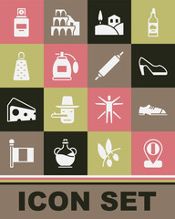 Set Location flag Italy, Men shoes, Woman, Village landscape, Perfume, Grater, and Rolling pin icon. Vector