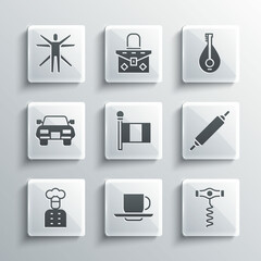 Fototapeta premium Set Coffee cup, Wine corkscrew, Rolling pin, Flag Italy, Italian cook, Car, Vitruvian Man and Mandolin icon. Vector