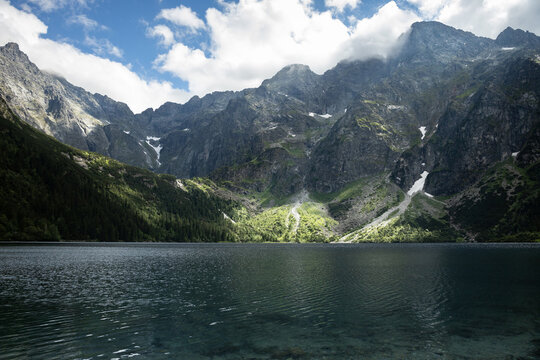 View of the alpine lake Morskie Oko and mountains in the Polish Tatras. © Sergey