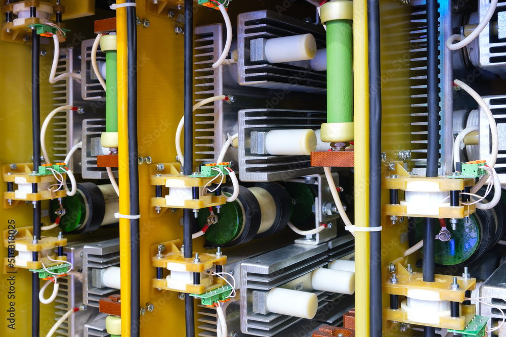 Poster new automated system of electric power supply and distribution. Electric boxes with high-voltage equipment. The scheme for supplying electric power through the main and reserve channels