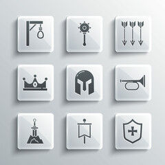 Set Medieval flag, Shield, Trumpet, iron helmet, Sword in the stone, King crown, Gallows and Crossed arrows icon. Vector
