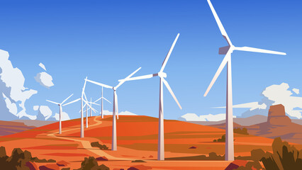 Wind farm in the desert. Vector illustration - obrazy, fototapety, plakaty