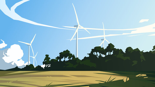 Wind Farm In The Field. Vector Illustration