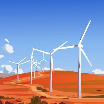 Wind farm in the desert. Vector illustration