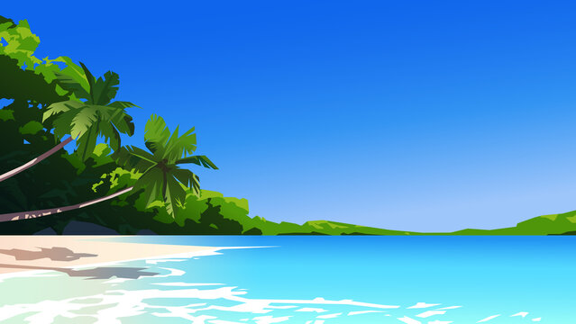 Tropical beach with palm trees. Vector illustration