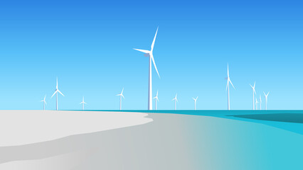 Wind farm on the coast. Vector illustration